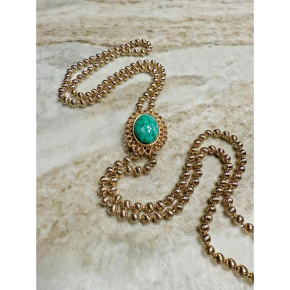 1973 DeLizza & Elster for Avon Ming Green 36" Pendant Tassel Necklace NOS w/ Box - Picture 6 of 9